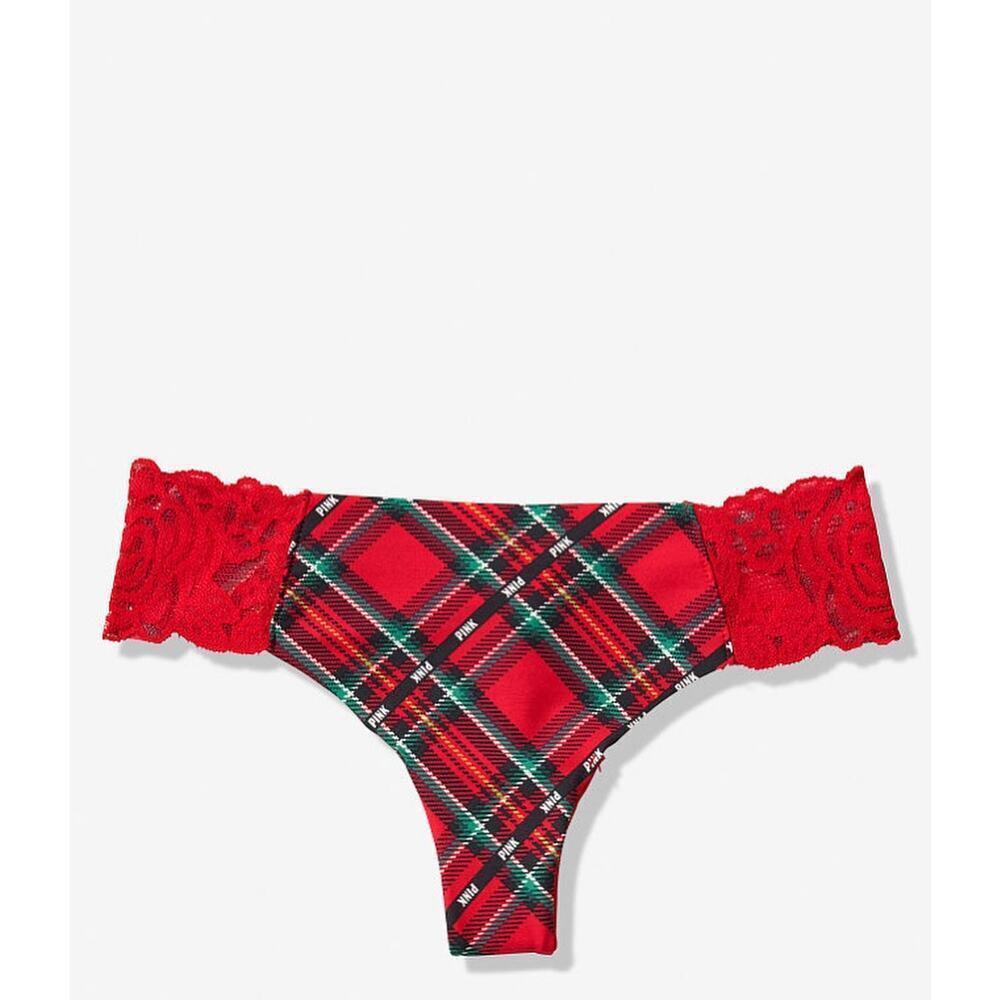 Pink Victoria's Secret No Show Thong Panty Plaid Lace Trim Red & Green NWT XS